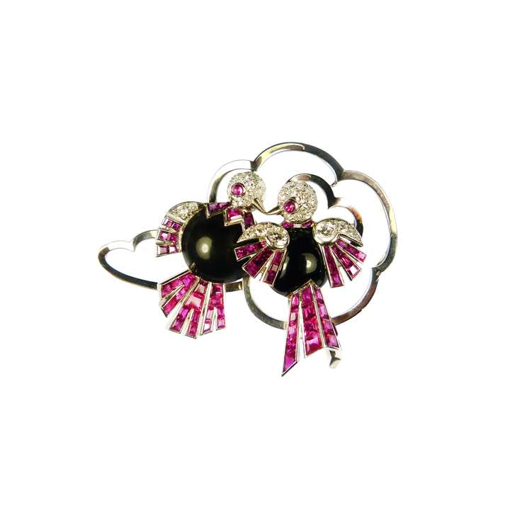 Ruby, diamond, black enamel and platinum stylised double bird brooch